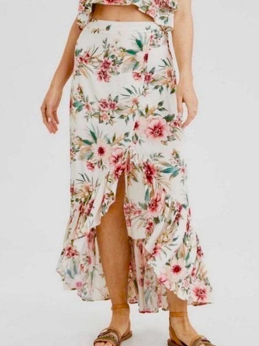 American Eagle Floral High-Low Maxi Skirt Ivory Pink Tropical Size XL